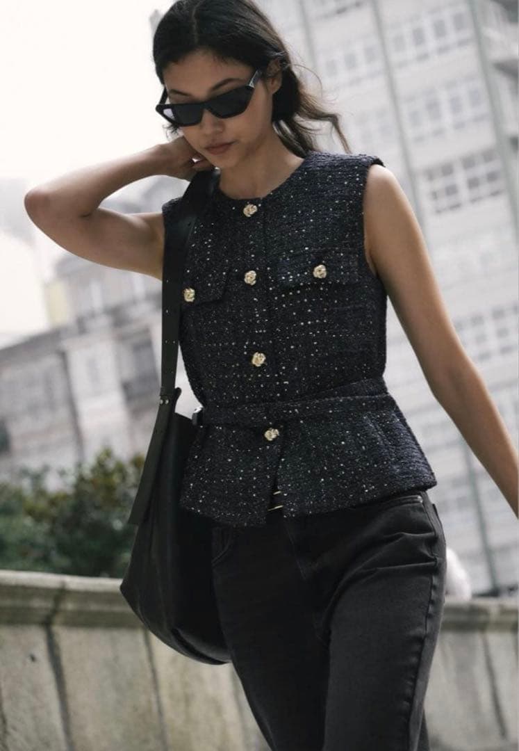 【完売品】ZARA ネイビー ツイード ベスト S キラキラ　スパンコール