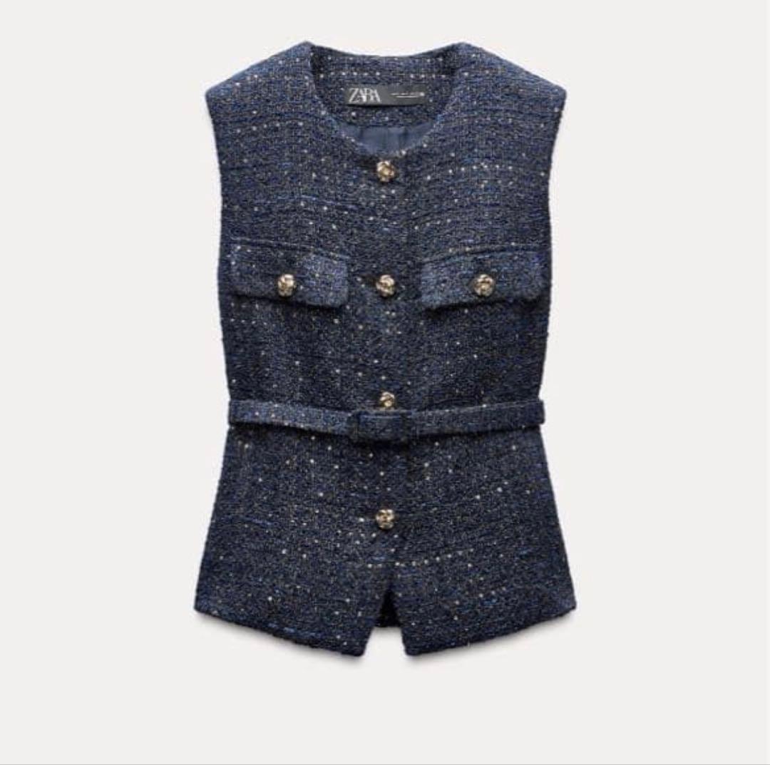 【完売品】ZARA ネイビー ツイード ベスト S キラキラ　スパンコール