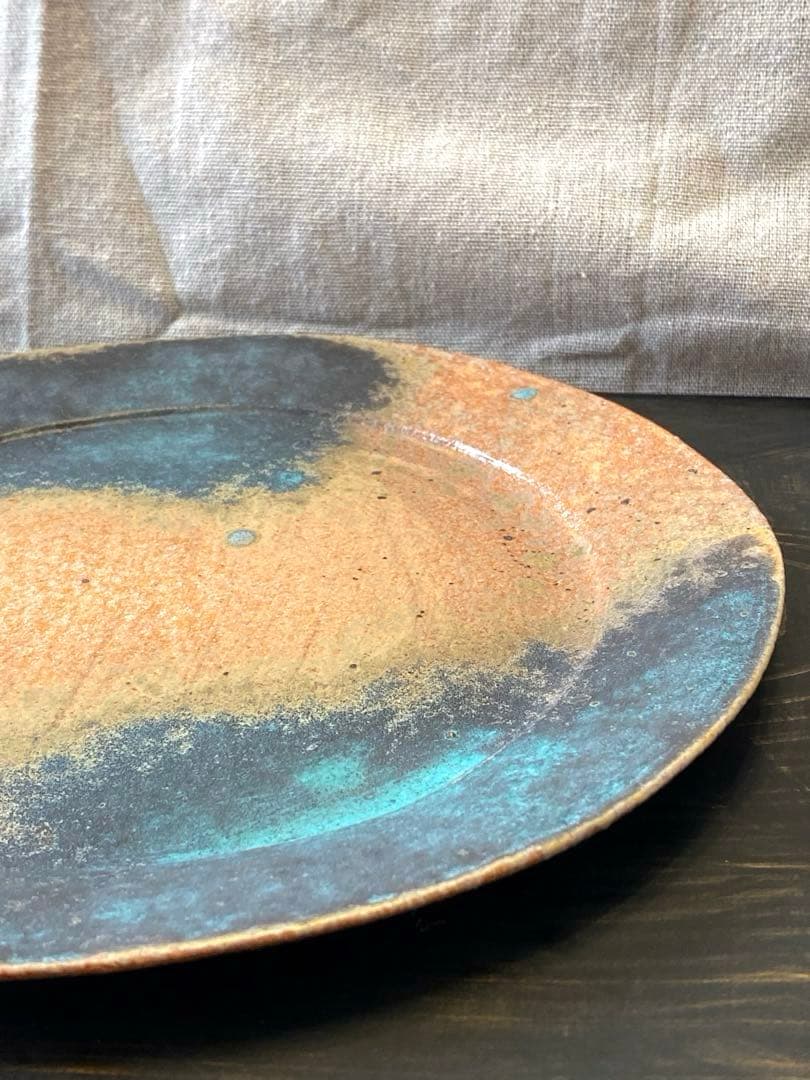 藤本羊子　Bオレンジターコイズブルー　大皿　作家もの　手びねり　プレート　貴重