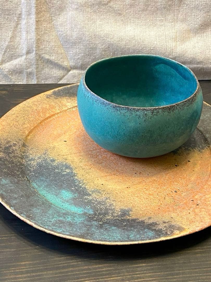 藤本羊子　Bオレンジターコイズブルー　大皿　作家もの　手びねり　プレート　貴重