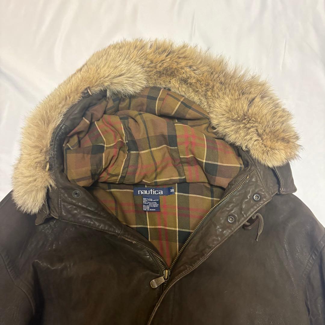 90s nautica ファー　レザージャケット　レザーダウン　古着