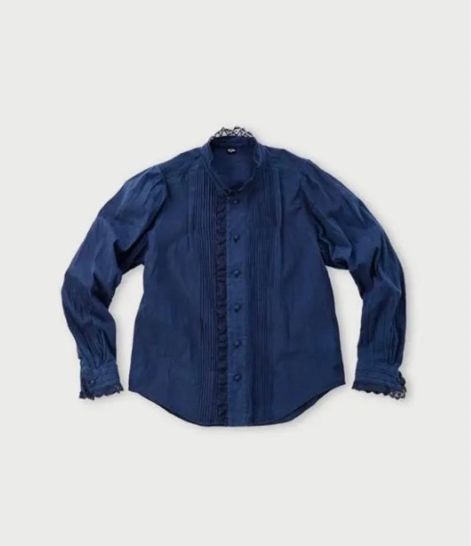 45R藍インドカディのレースフリルブラウス