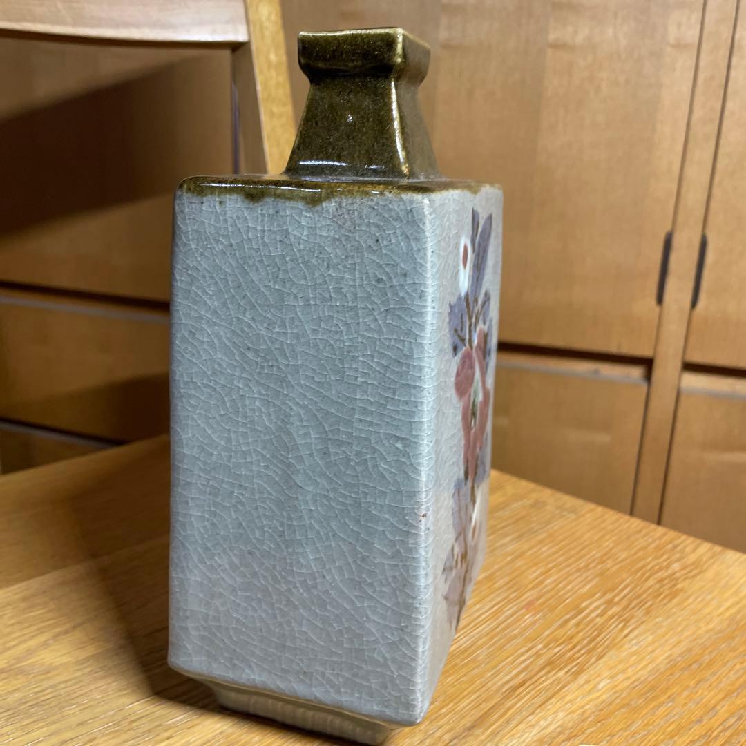 益子焼　月江窯　福原達朗　辰砂花文扁壺　共箱