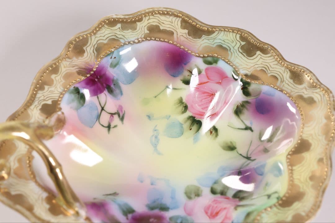 【CM297】オールドノリタケ 花 皿 薔薇 パンジー 金彩 イエロー 黄色