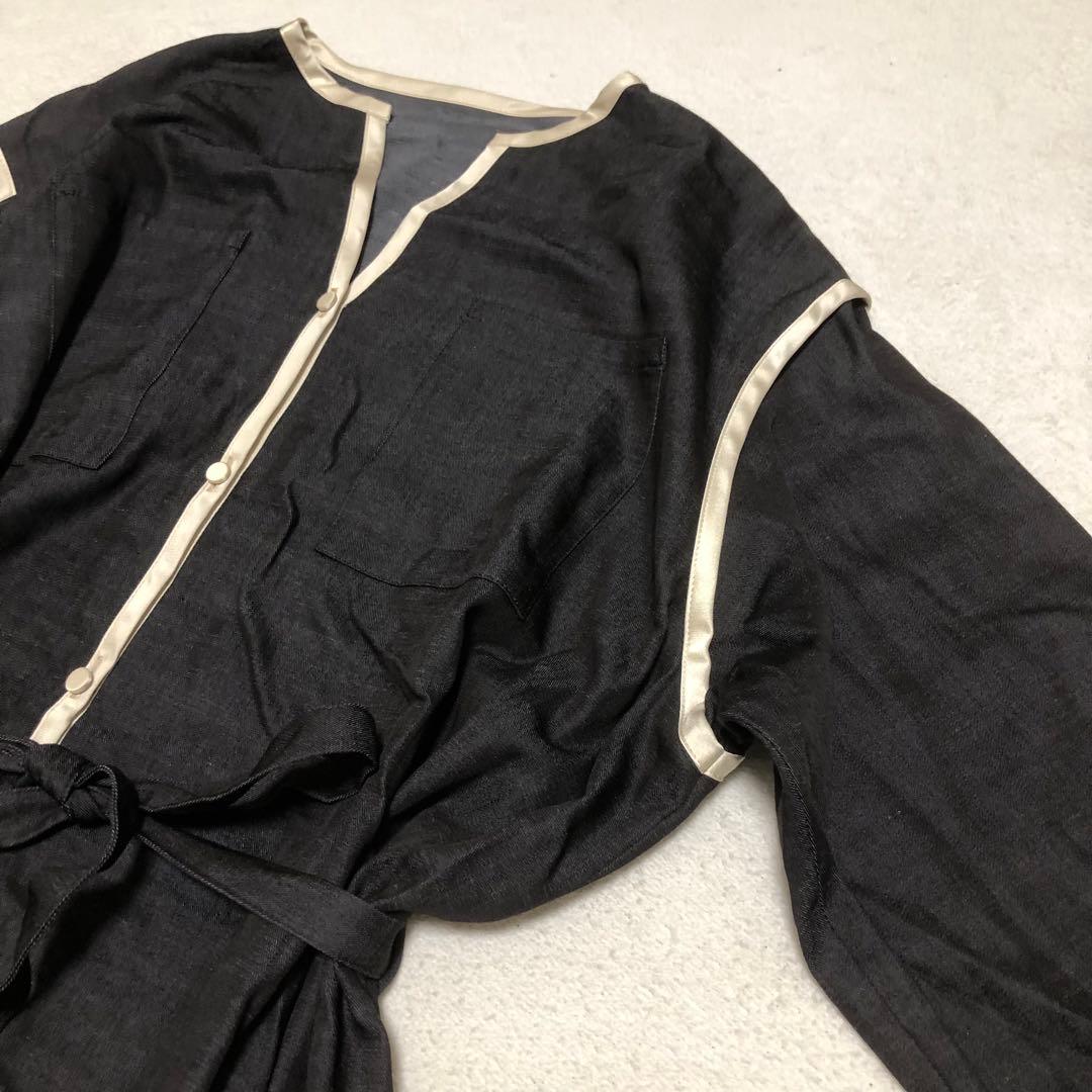 アドーア　新品！パイピング付きワンピース　黒　デニム地　リボン付き￼ 38