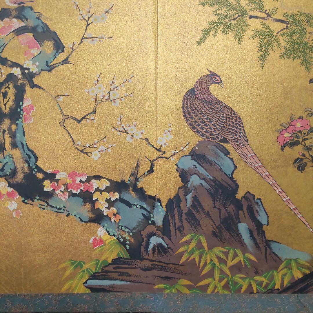 日本画 梅に山鳥図 屏風