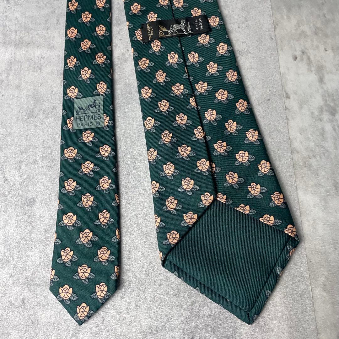 美品 HERMES エルメス 花柄 フラワー 小紋柄 ネクタイ グリーン 緑