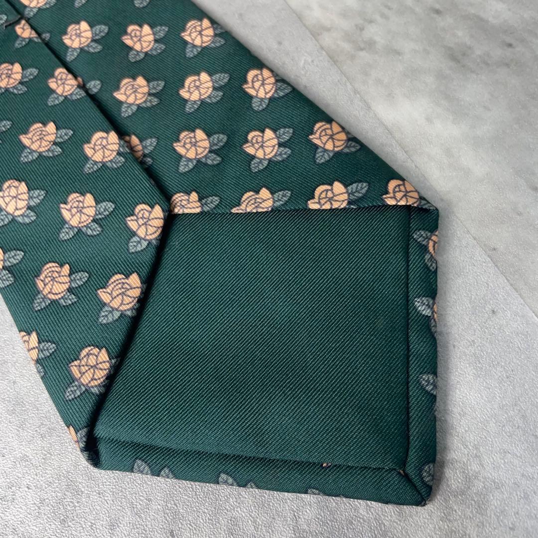 美品 HERMES エルメス 花柄 フラワー 小紋柄 ネクタイ グリーン 緑