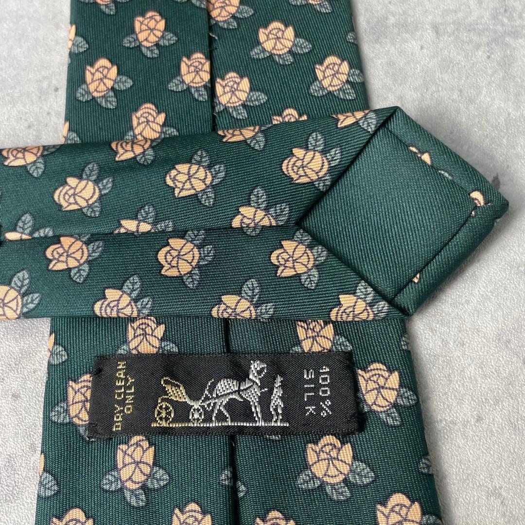 美品 HERMES エルメス 花柄 フラワー 小紋柄 ネクタイ グリーン 緑