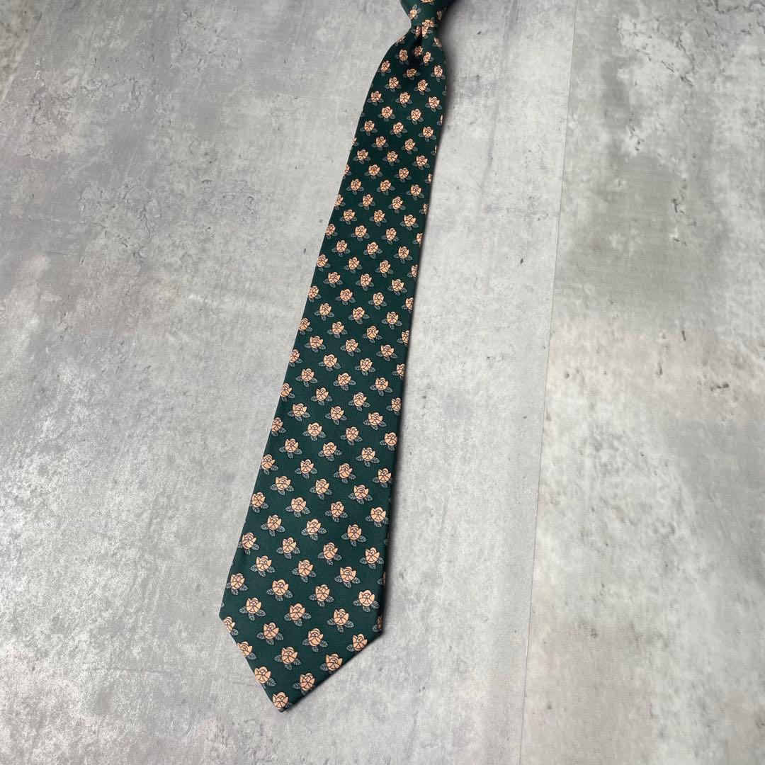 美品 HERMES エルメス 花柄 フラワー 小紋柄 ネクタイ グリーン 緑