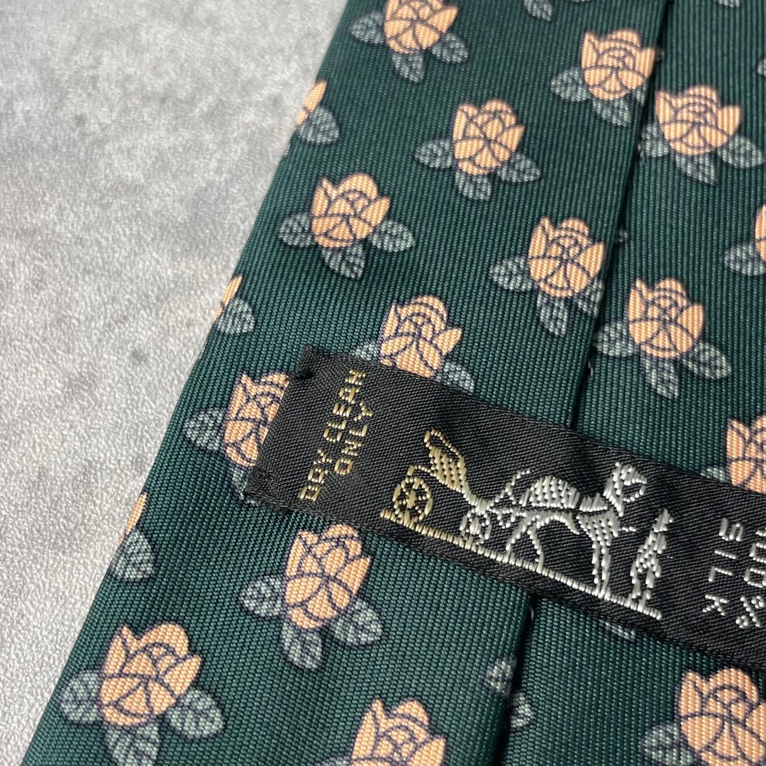 美品 HERMES エルメス 花柄 フラワー 小紋柄 ネクタイ グリーン 緑