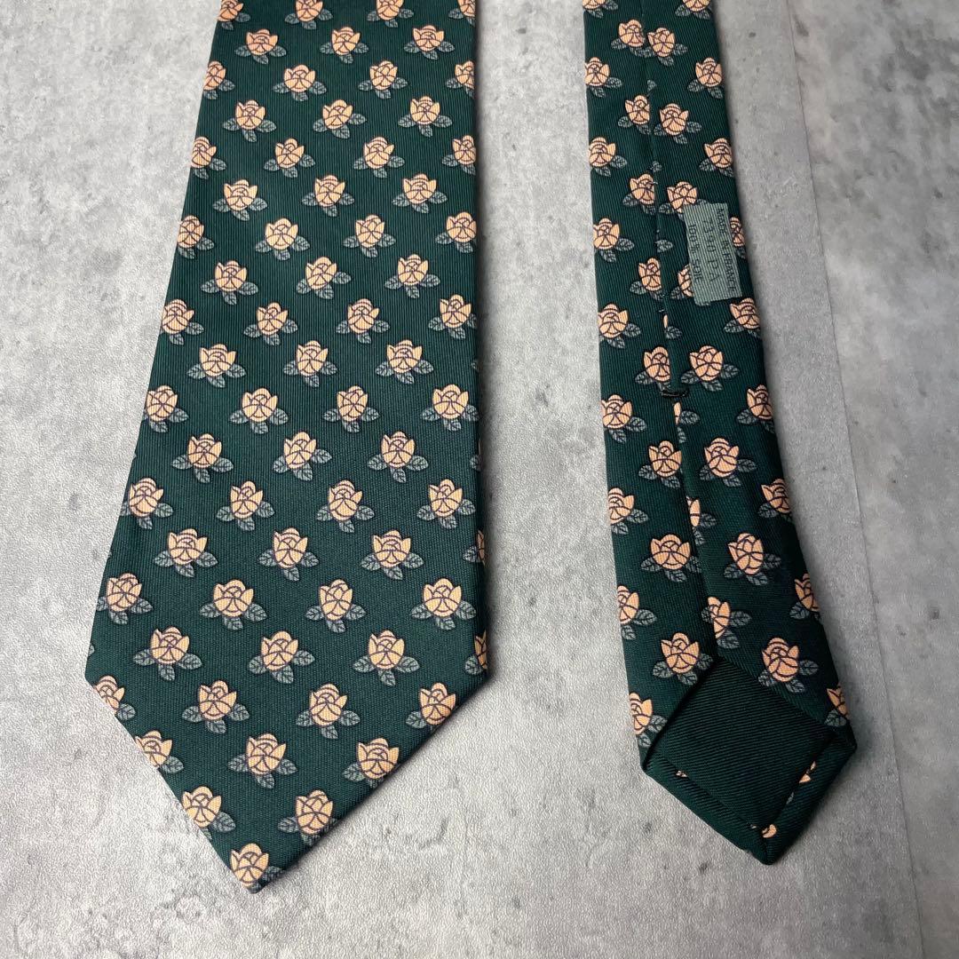 美品 HERMES エルメス 花柄 フラワー 小紋柄 ネクタイ グリーン 緑