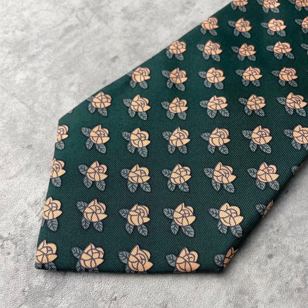 美品 HERMES エルメス 花柄 フラワー 小紋柄 ネクタイ グリーン 緑
