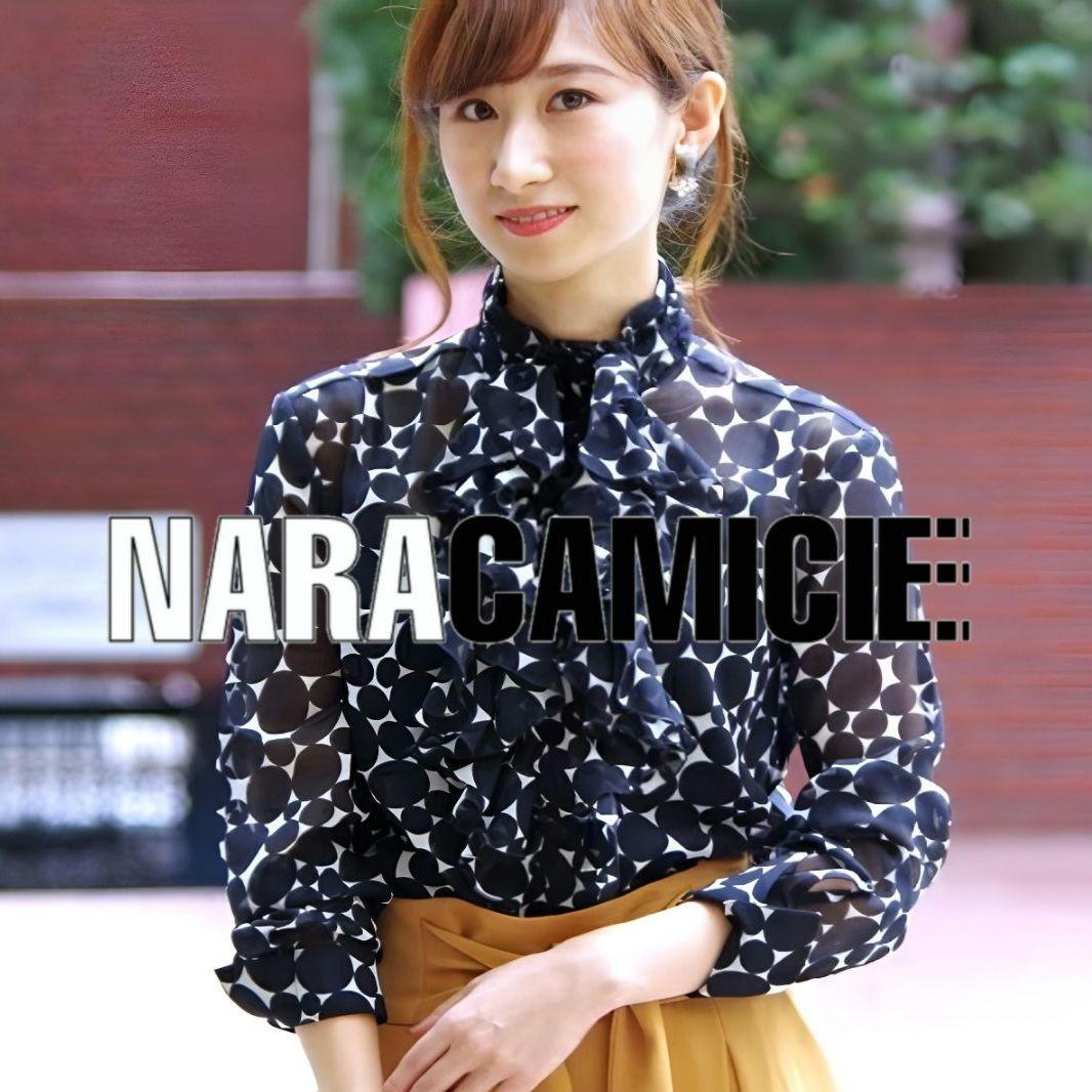 【極美品25300】ナラカミーチェ♦モデル✨ドットシフォンプリントスタンドフリル
