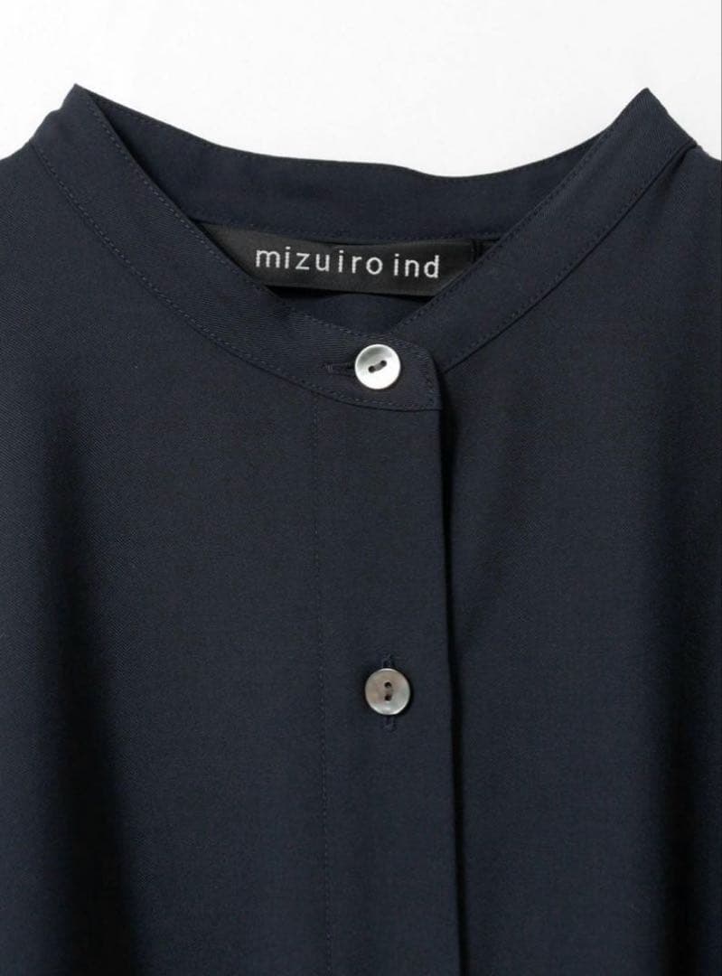 【極美品】ネイビー ミズイロインド T/Rスタンドカラーフレアワンピース