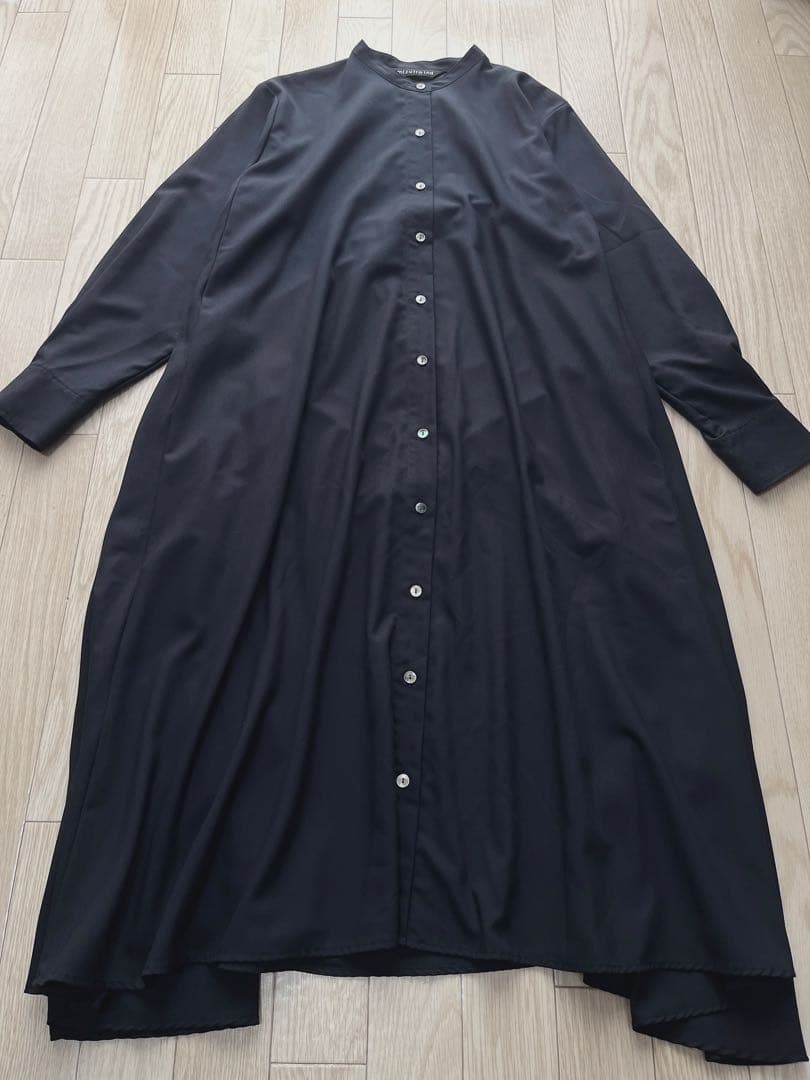【極美品】ネイビー ミズイロインド T/Rスタンドカラーフレアワンピース
