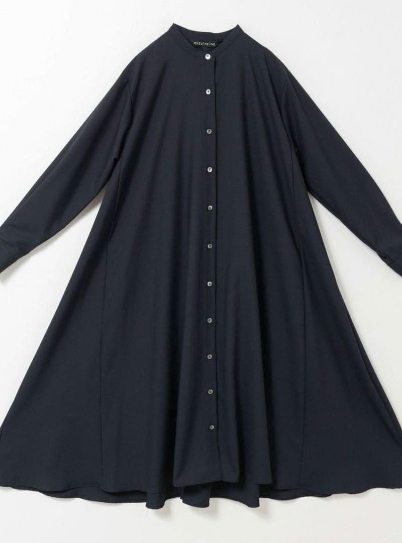 【極美品】ネイビー ミズイロインド T/Rスタンドカラーフレアワンピース