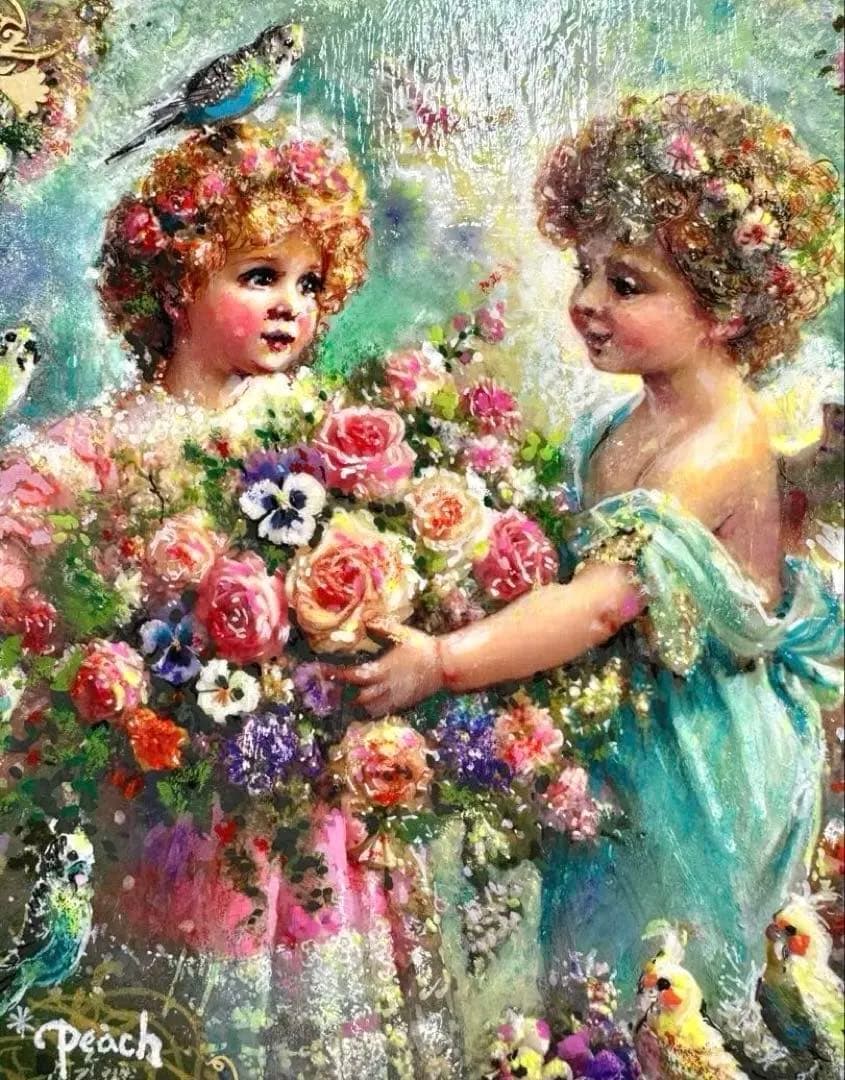 c*o様 絵画原画《花束に宿る想い》エンジェルギフト　板絵➕collage