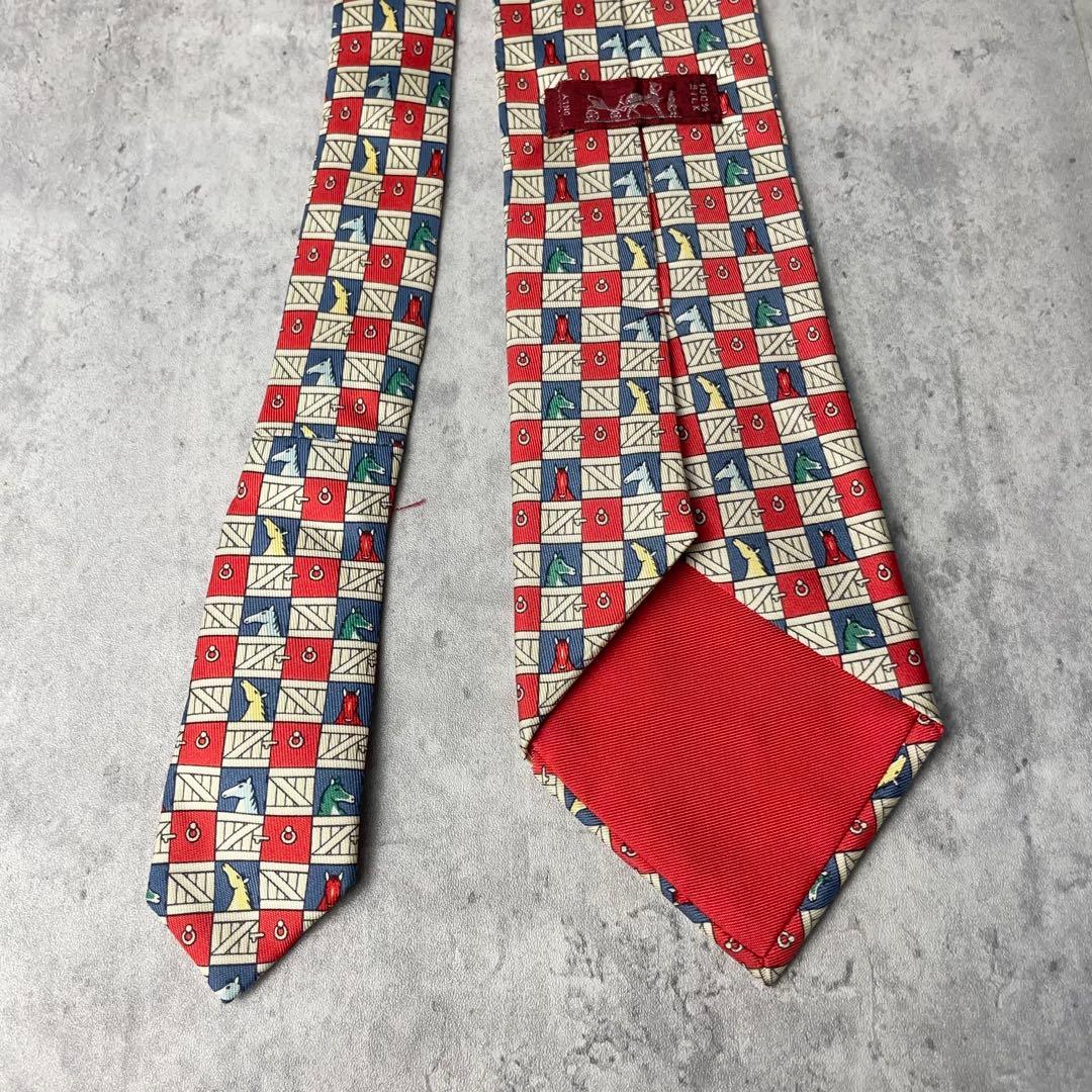 美品 HERMES エルメス チェック柄 馬 アニマル柄 ネクタイ レッド 白