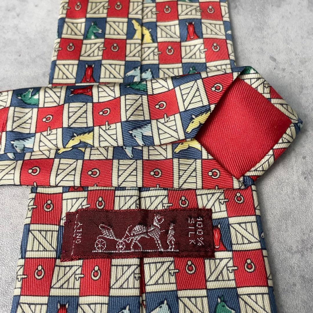 美品 HERMES エルメス チェック柄 馬 アニマル柄 ネクタイ レッド 白