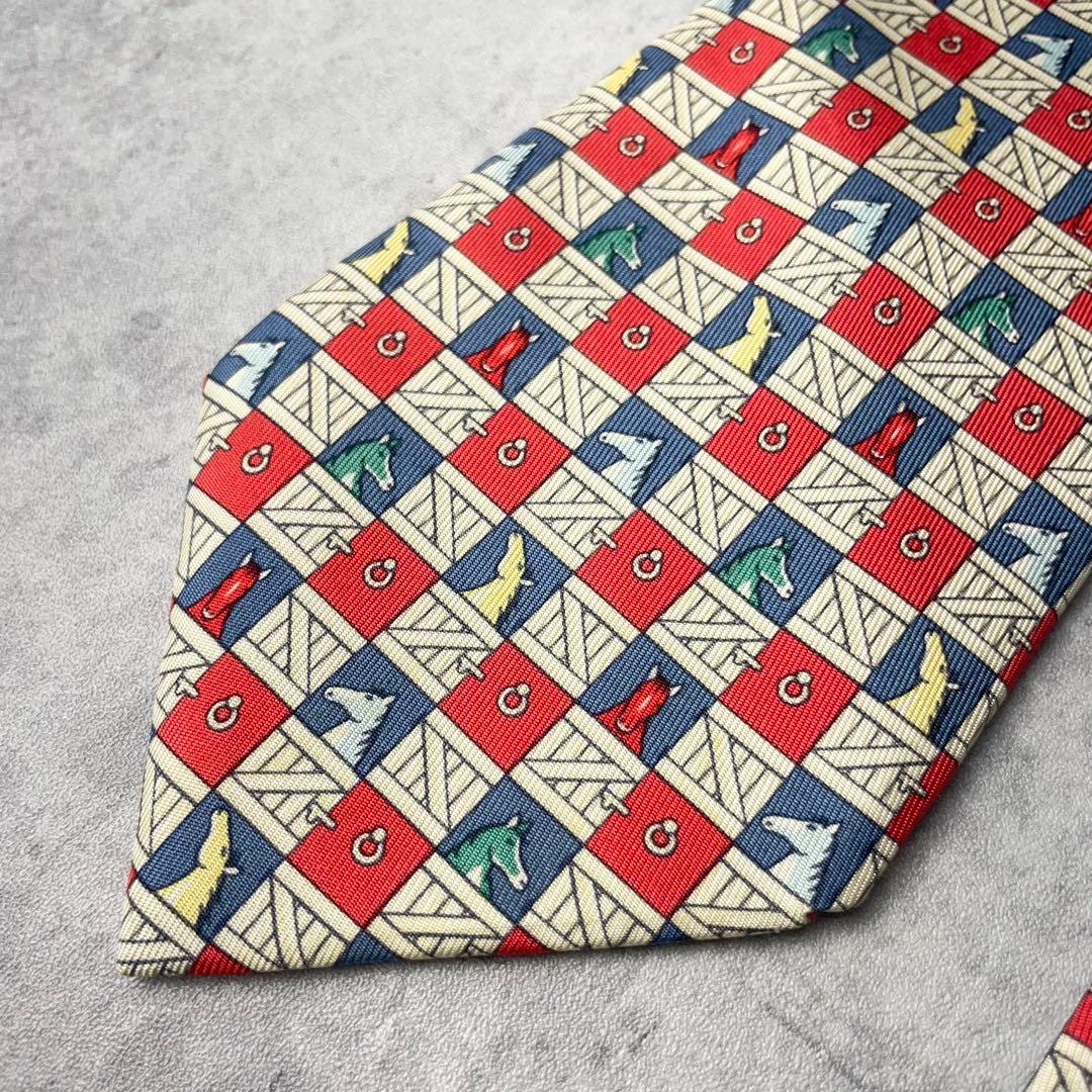 美品 HERMES エルメス チェック柄 馬 アニマル柄 ネクタイ レッド 白