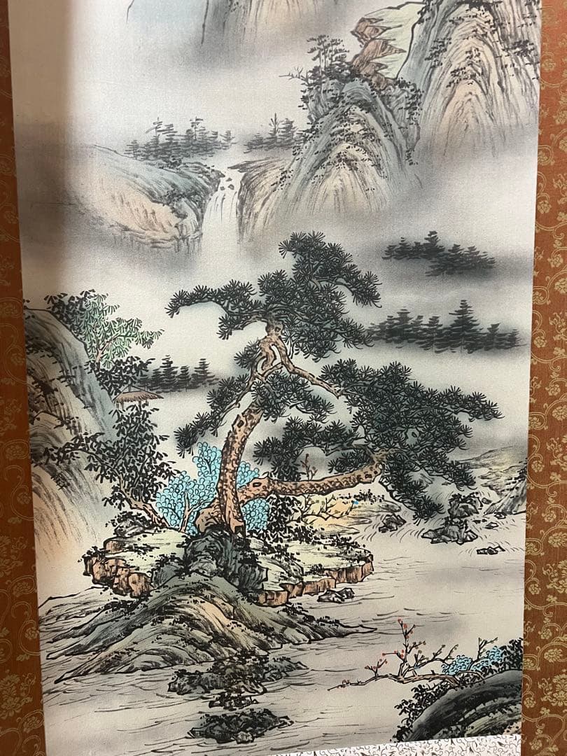 掛け軸　青峰 絵［四季山水図］絹本 共箱！