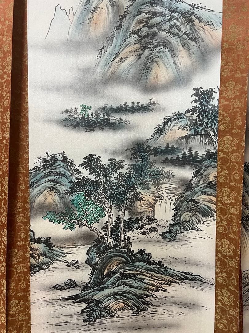 掛け軸　青峰 絵［四季山水図］絹本 共箱！