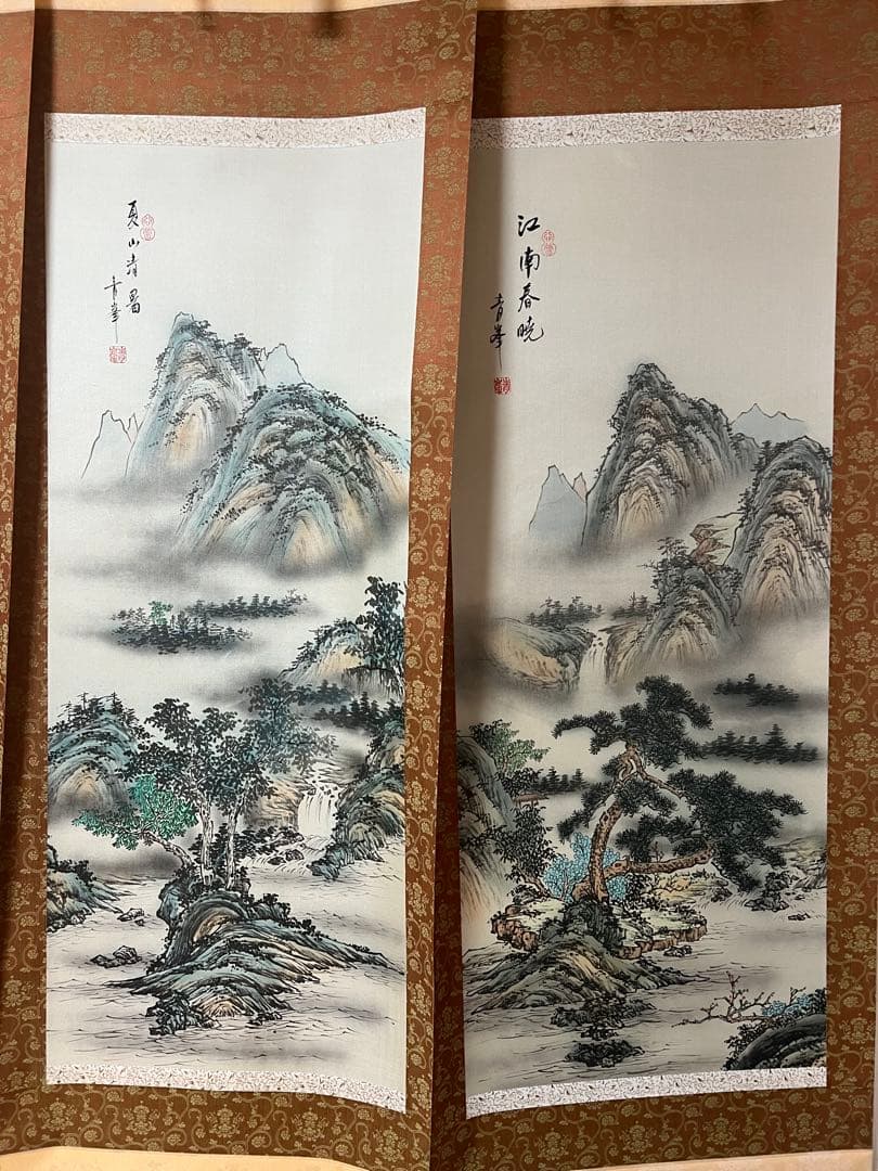 掛け軸　青峰 絵［四季山水図］絹本 共箱！