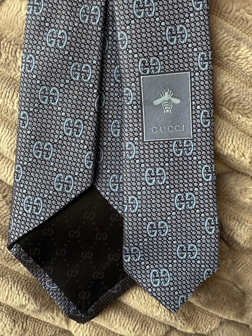 【美品・未使用】GUCCI シルク ネクタイ GGパターン　Bee ブルー