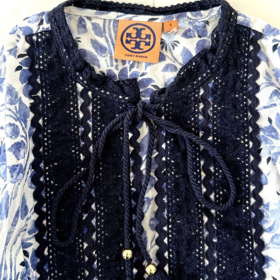 美品 トリーバーチ ボタニカル柄 チュニック ブラウス レース 刺繍 ブルー系