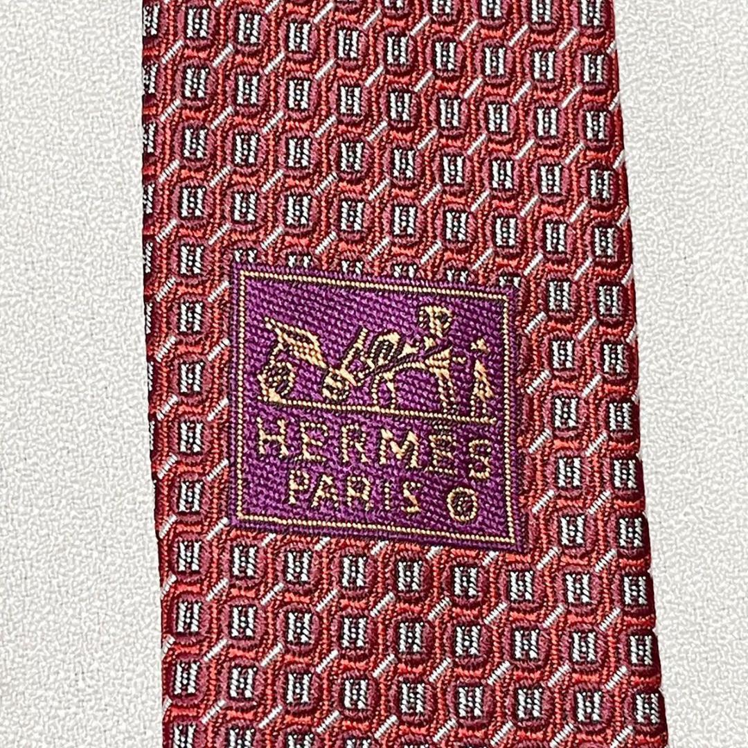 美品 エルメス HERMES ネクタイ シルク100% フランス製 レッド H柄
