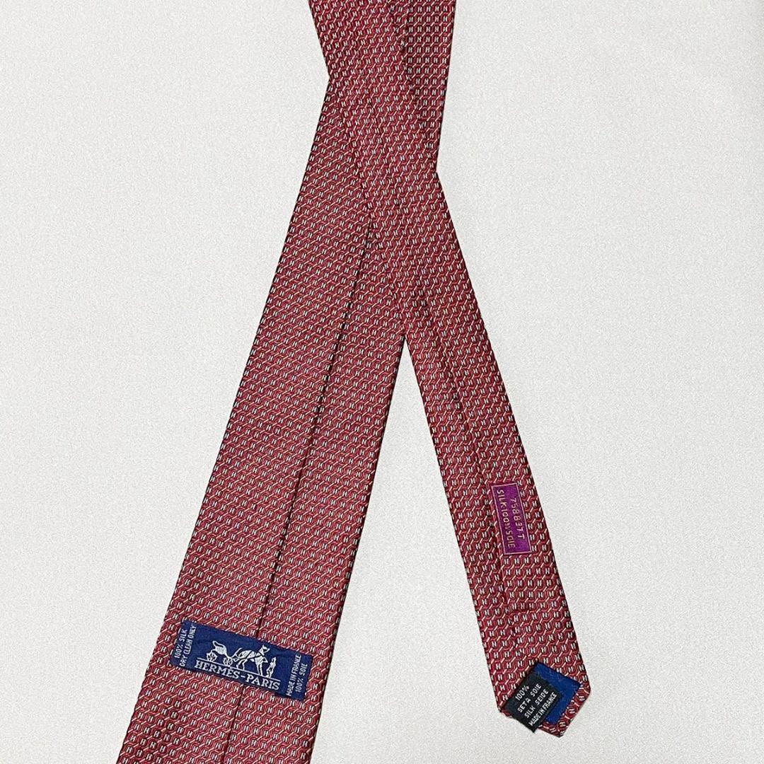 美品 エルメス HERMES ネクタイ シルク100% フランス製 レッド H柄