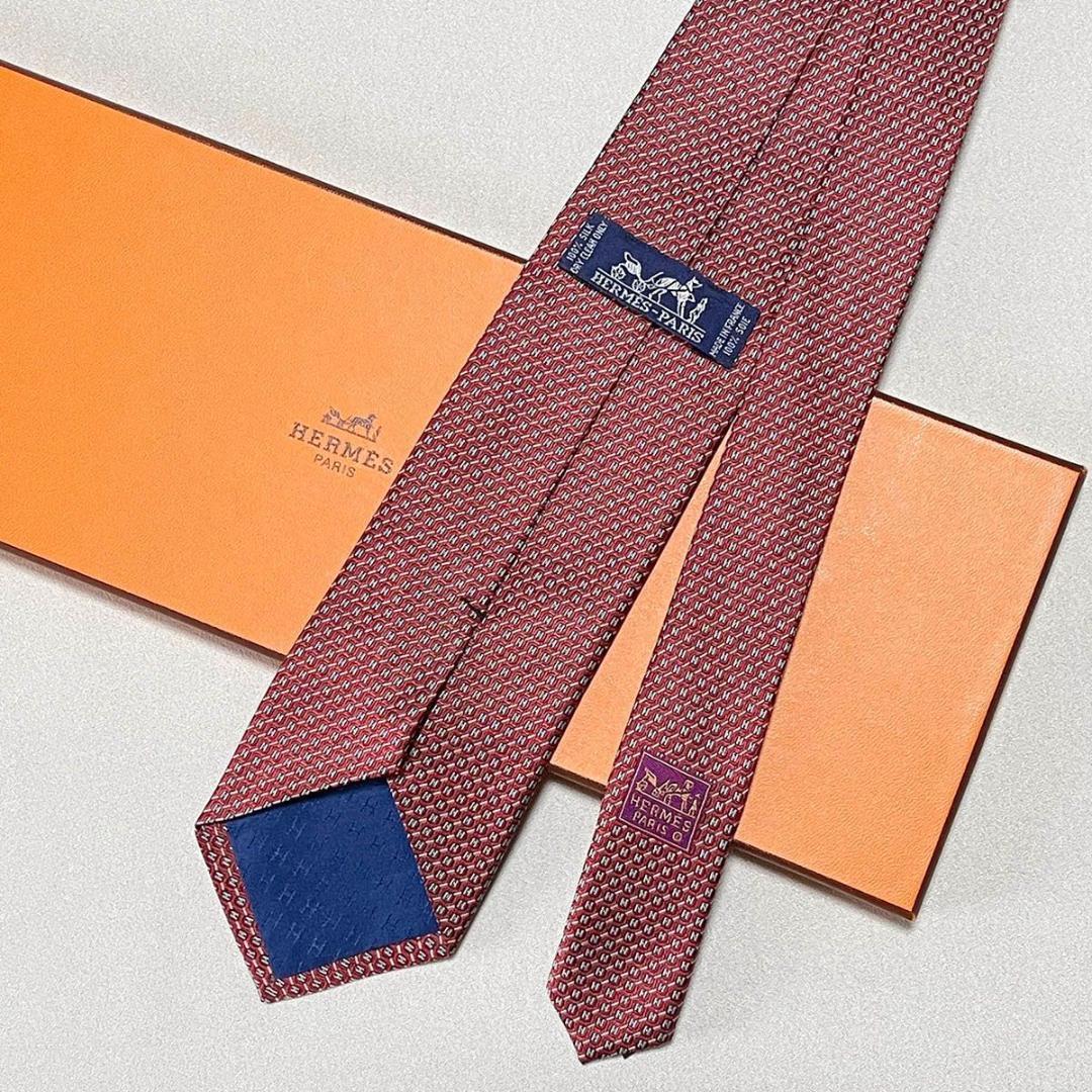 美品 エルメス HERMES ネクタイ シルク100% フランス製 レッド H柄
