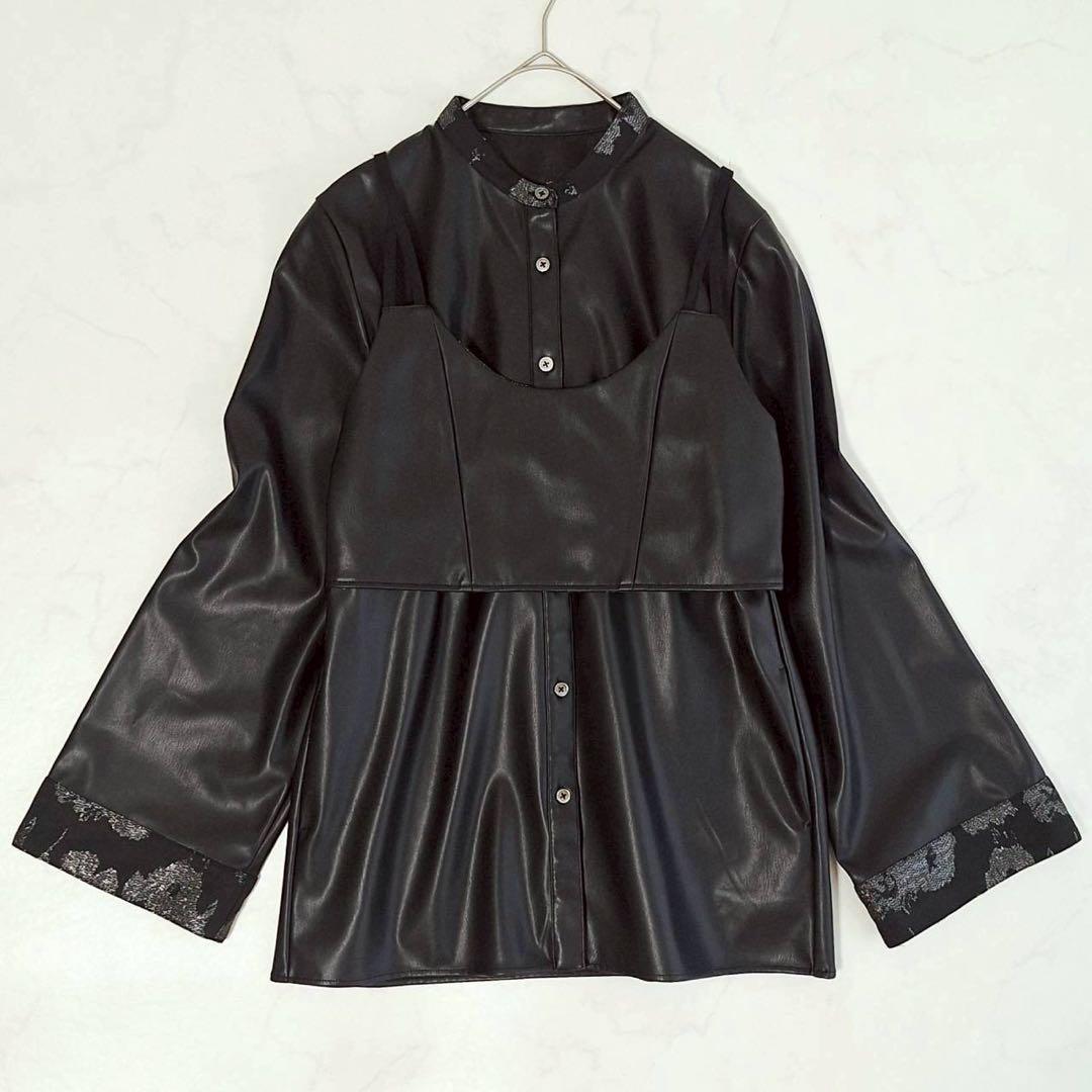 B2101 HARE 2Pビスチェ イソザイチュニックシャツ レザー 黒 F