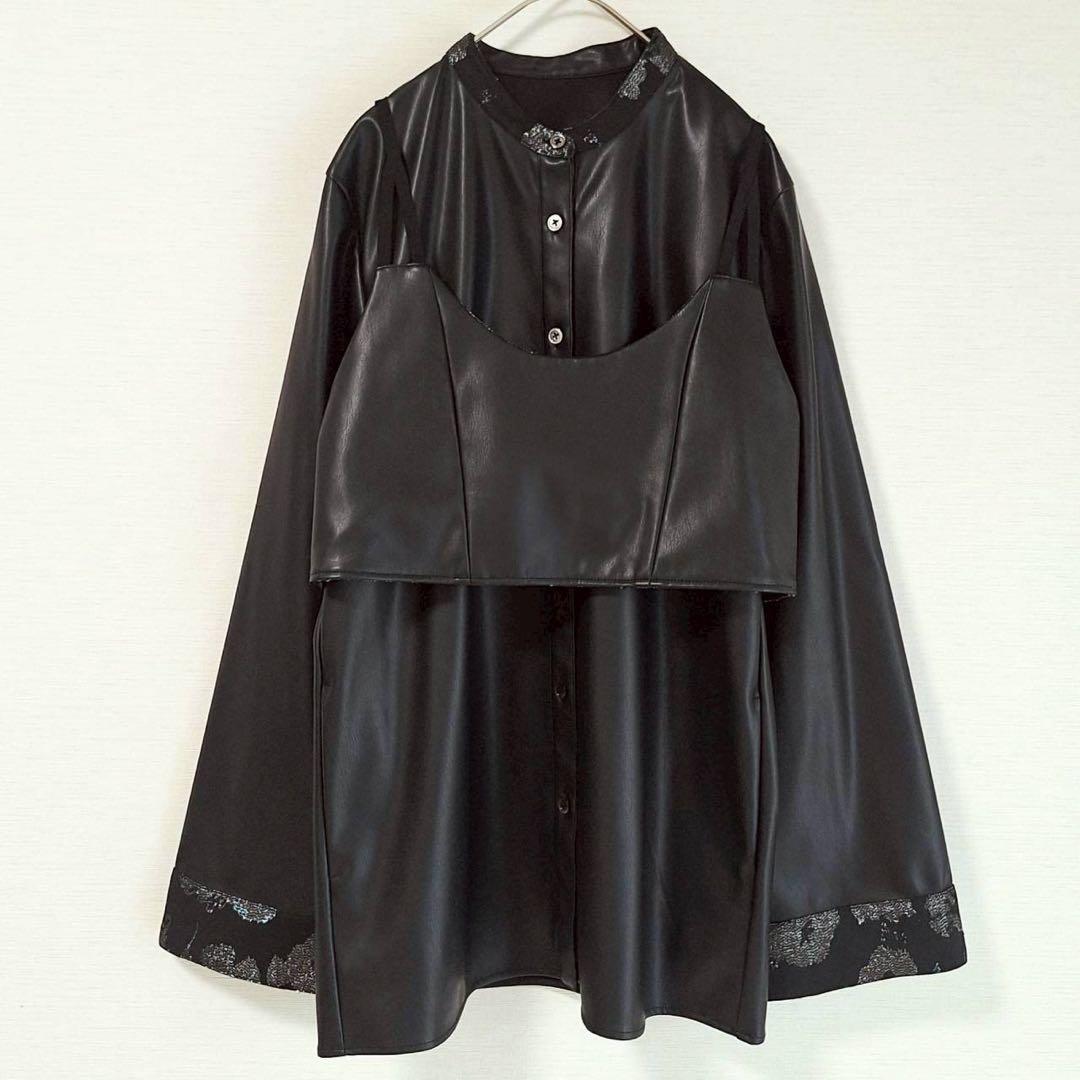 B2101 HARE 2Pビスチェ イソザイチュニックシャツ レザー 黒 F