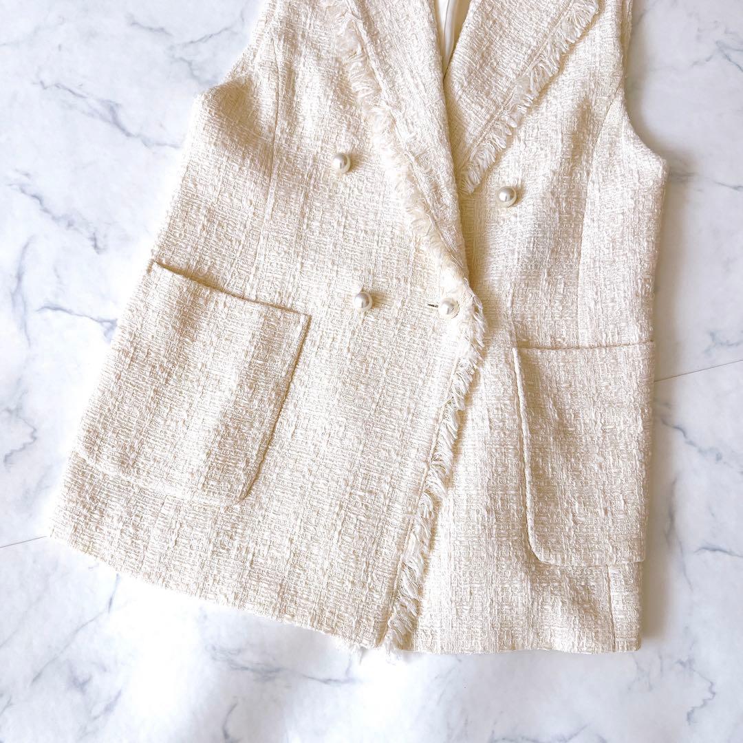 【美品】アナイ　チェックツィードフリンジジレ ホワイト　ベスト　¥63800