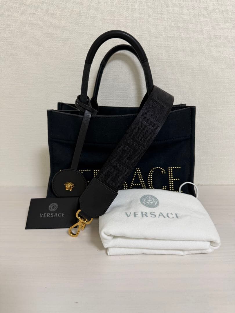 VERSACE ヴェルサーチ 2way ハンドバッグ スタッズロゴ キャンバス