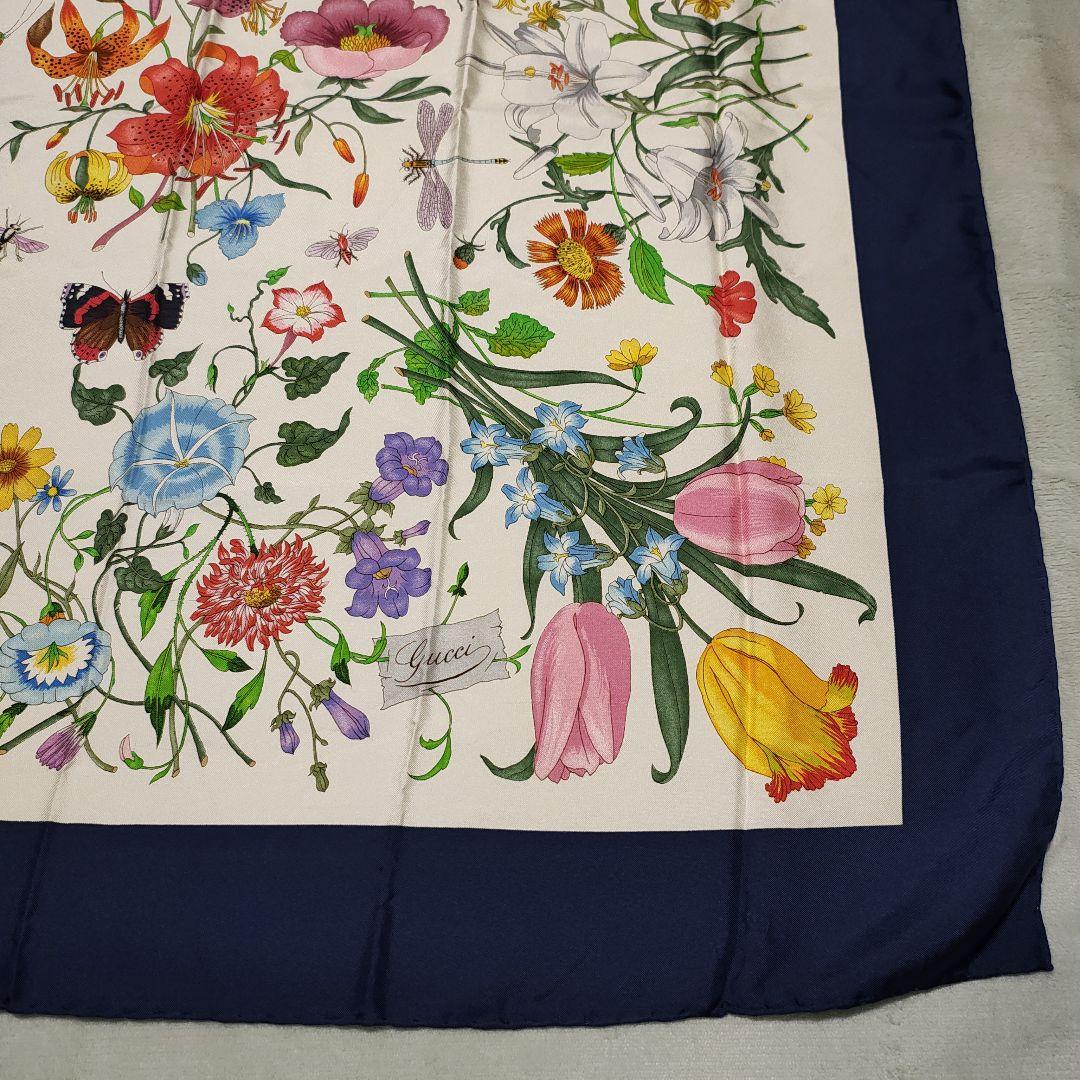 GUCCI グッチ ヴィンテージ シルク スカーフ フローラ 花 昆虫 蜻蛉 蝶