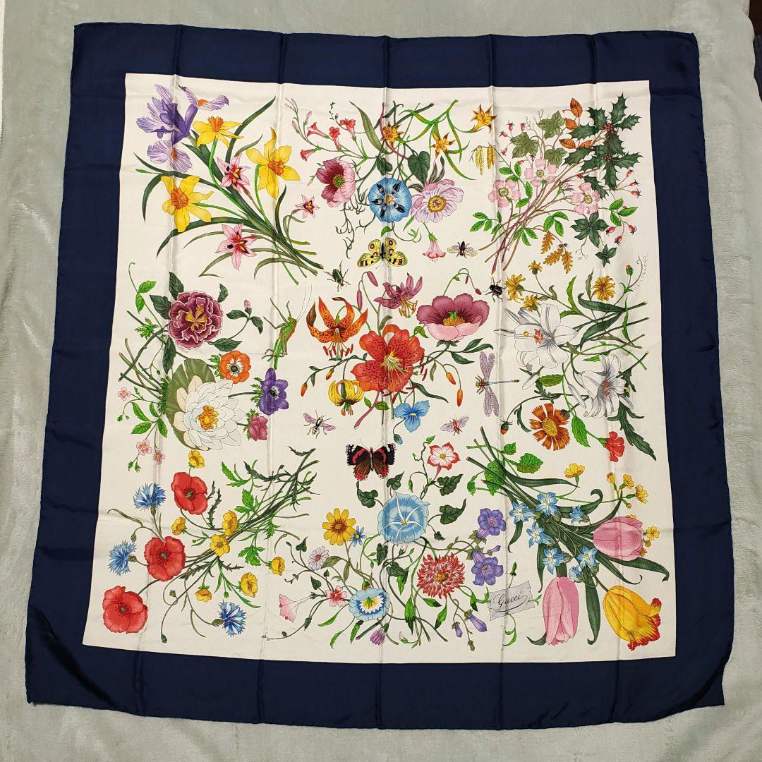 GUCCI グッチ ヴィンテージ シルク スカーフ フローラ 花 昆虫 蜻蛉 蝶
