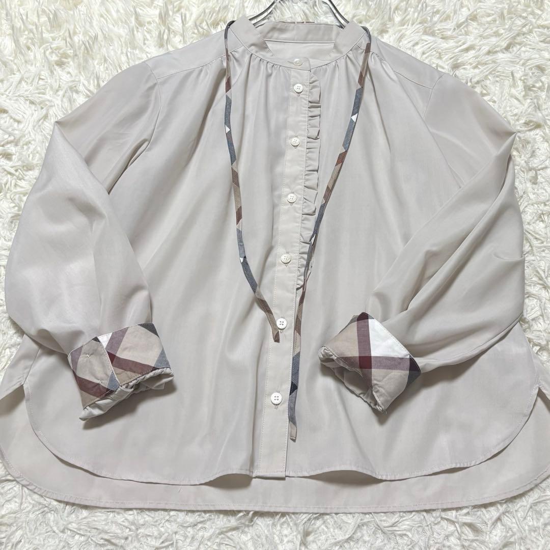 美品☆ブルーレーベルクレストブリッジ☆コットンライクスパンローンブラウス リボン