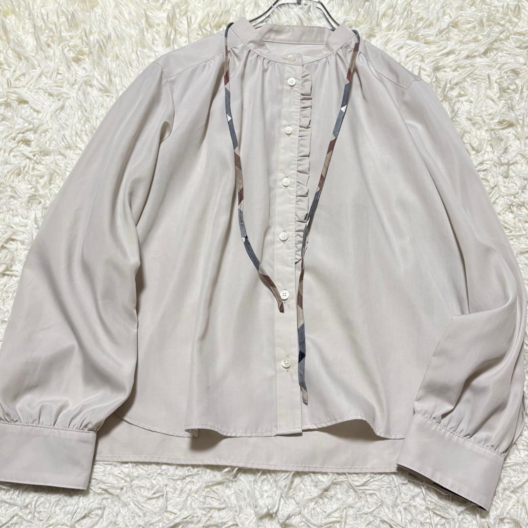 美品☆ブルーレーベルクレストブリッジ☆コットンライクスパンローンブラウス リボン