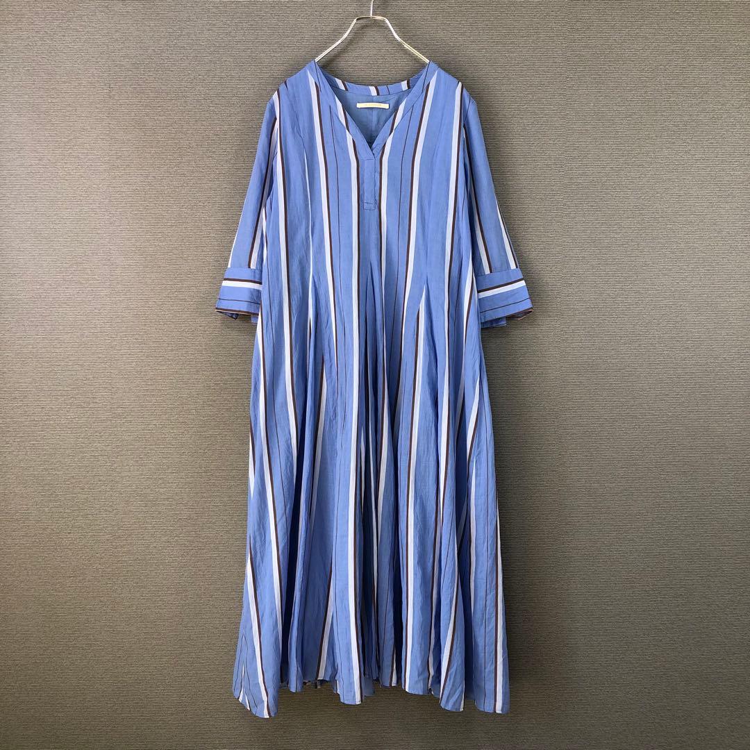 ヌキテパ COTTON STRIPE V NECK DRESS S ブルー