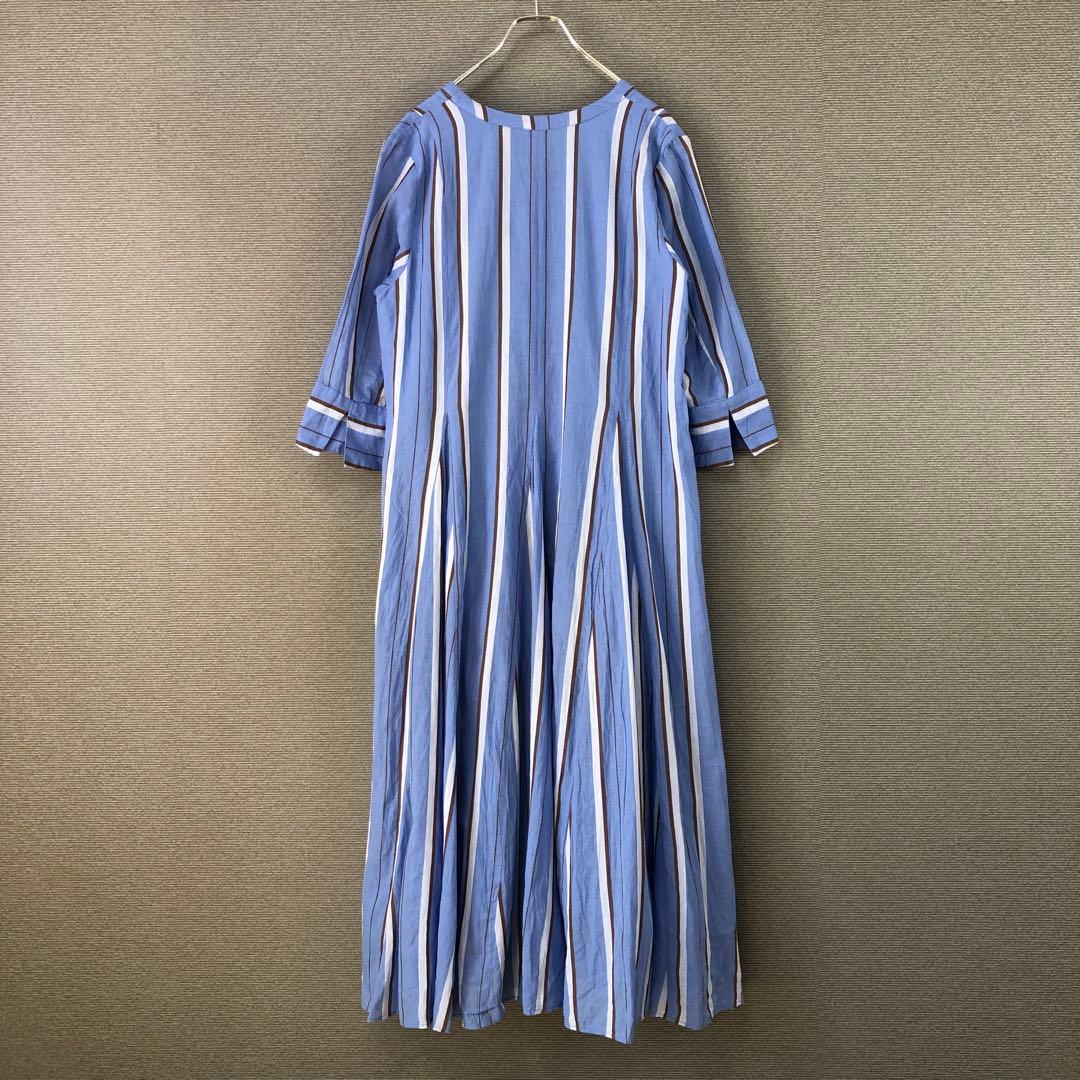 ヌキテパ COTTON STRIPE V NECK DRESS S ブルー