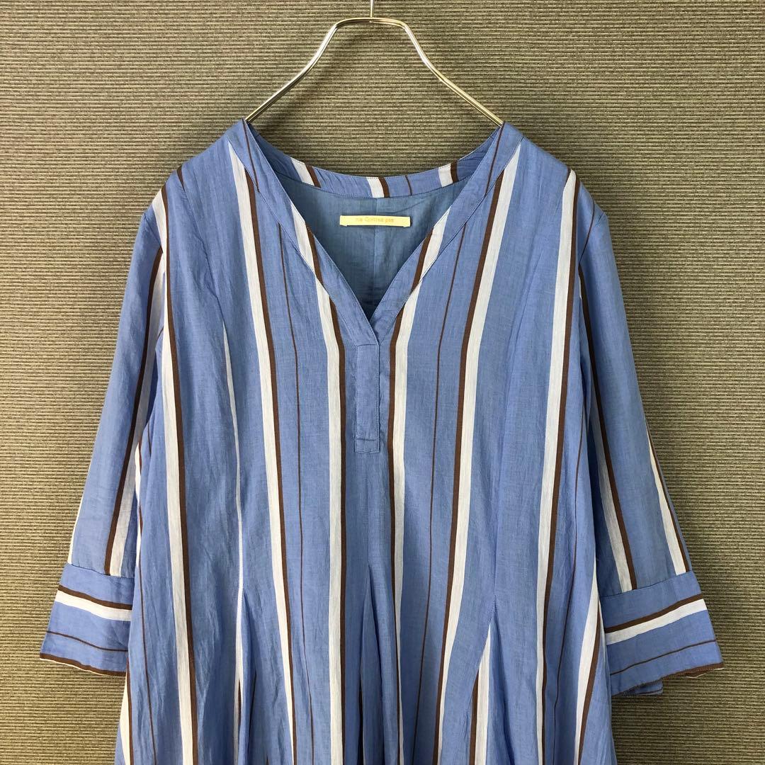 ヌキテパ COTTON STRIPE V NECK DRESS S ブルー