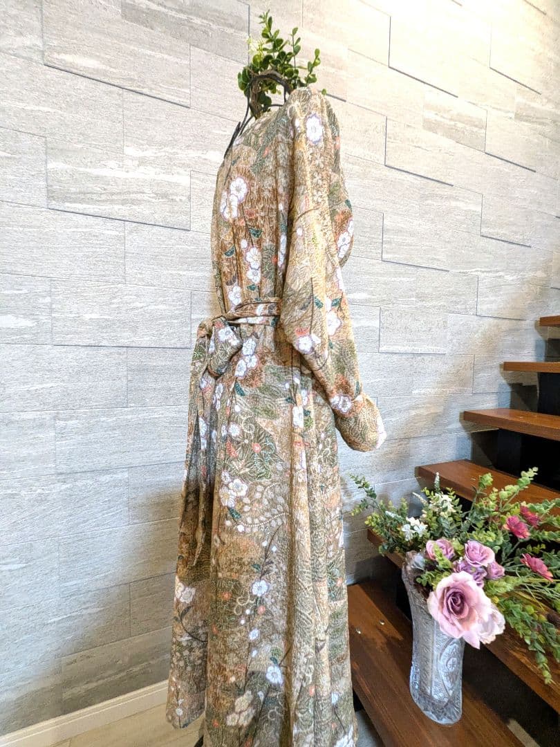 A280着物リメイク辻が花柄Aラインワンピース★リボン・ブローチ