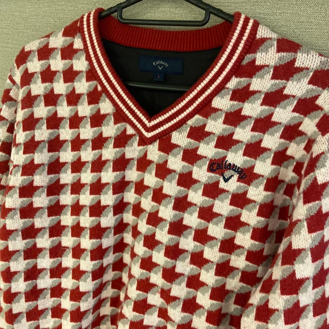 美品　Callaway チェック柄 Vネックセーター　ピンク　ゴルフ