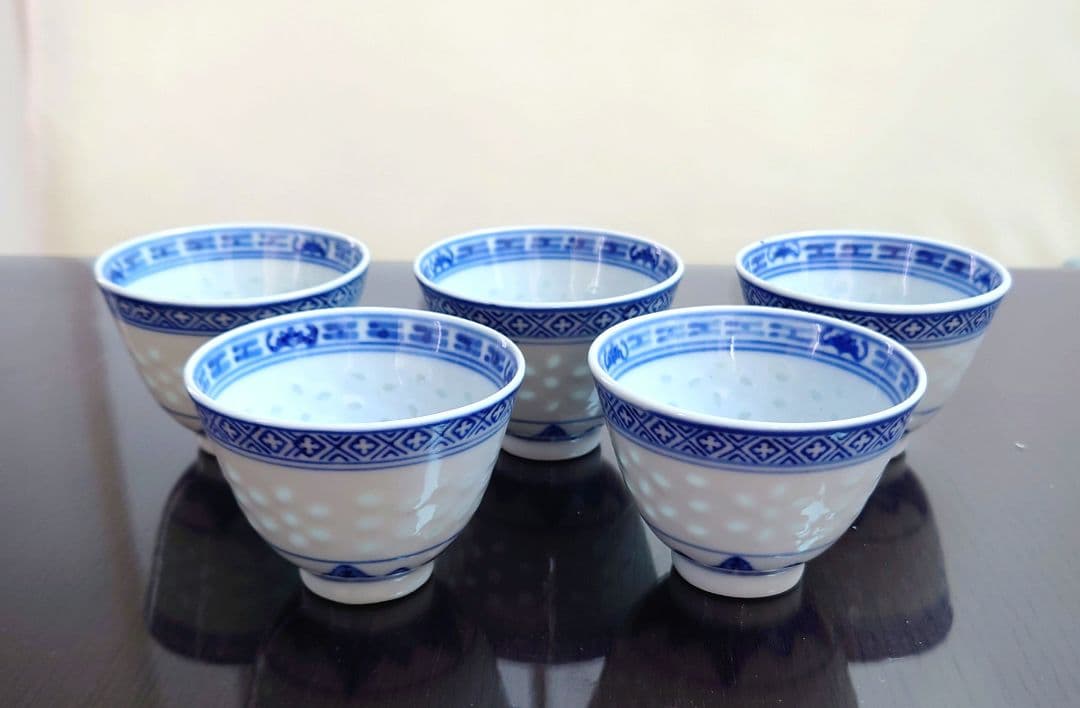 優　中国　景徳鎮『玩玉』蛍手 煎茶碗 5客