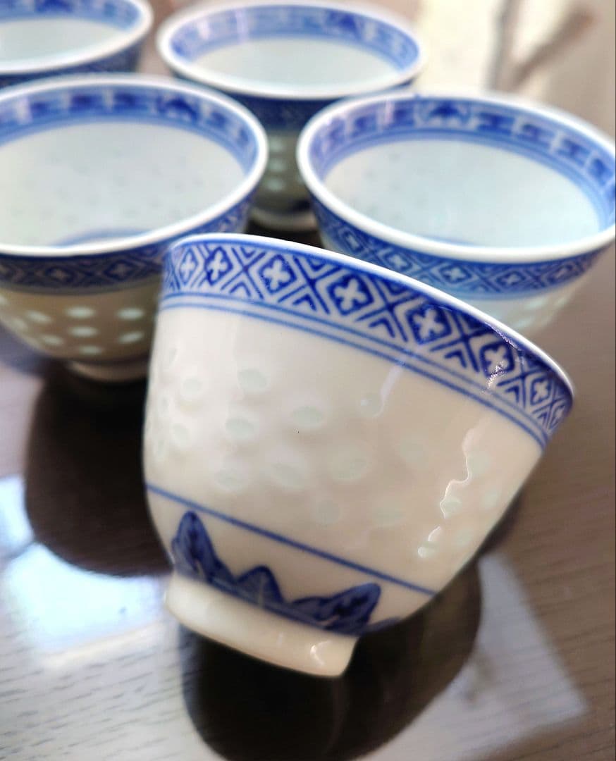 優　中国　景徳鎮『玩玉』蛍手 煎茶碗 5客