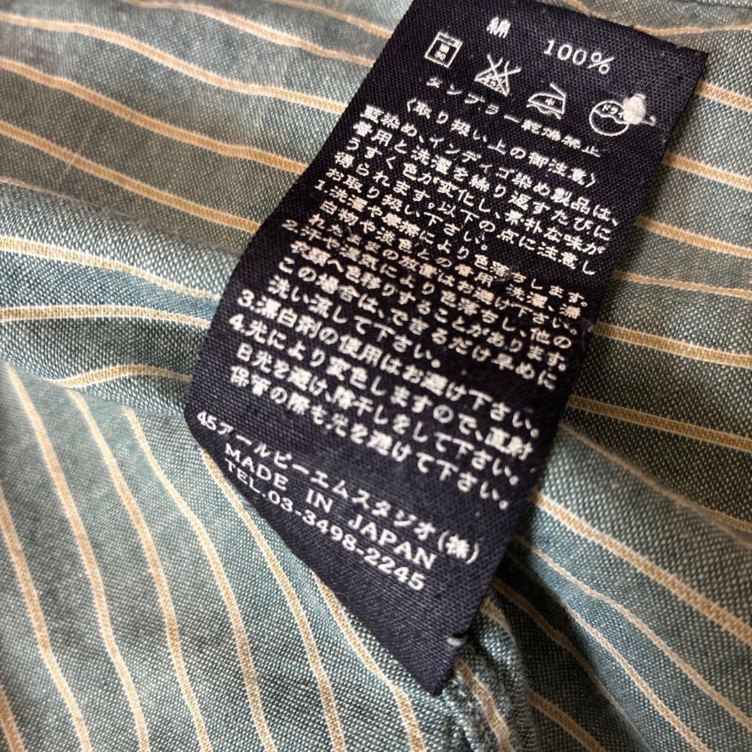 45R インディゴ　ストライプ裾ドロスト　バンドカラーシャツ　ロゴ刺繍　サイズ3