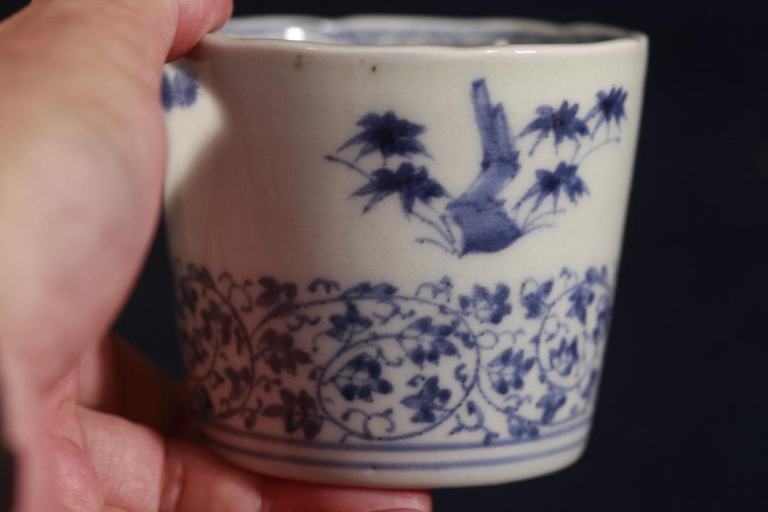 238　古伊万里大振染付松竹梅花唐草図蕎麦猪口　無傷　幕末